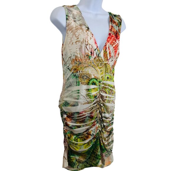 Vtg Body Central Sheath Dress Sz Small? Bodycon Multicolor Multipattern Ruched - Picture 6 of 9